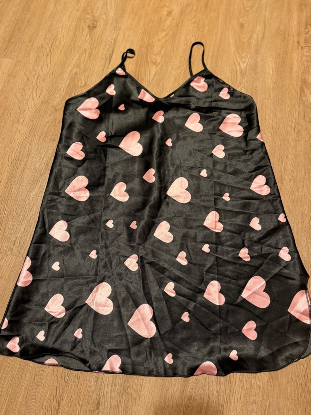 Silky Black Slip Satin Dress with Pink Heart Print